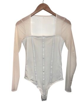 Abercrombie & Fitch Women's Long-Sleeve Mesh Corset Cream Bodysuit- Small
